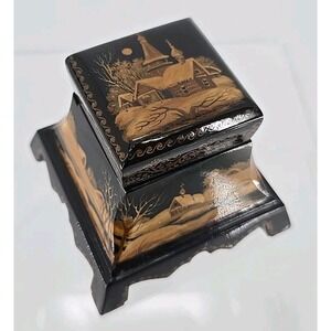 Vtg 1940s Russian Lacquer Trinket Box Hand Painted Paper Mache Jewelry‎ - Unique